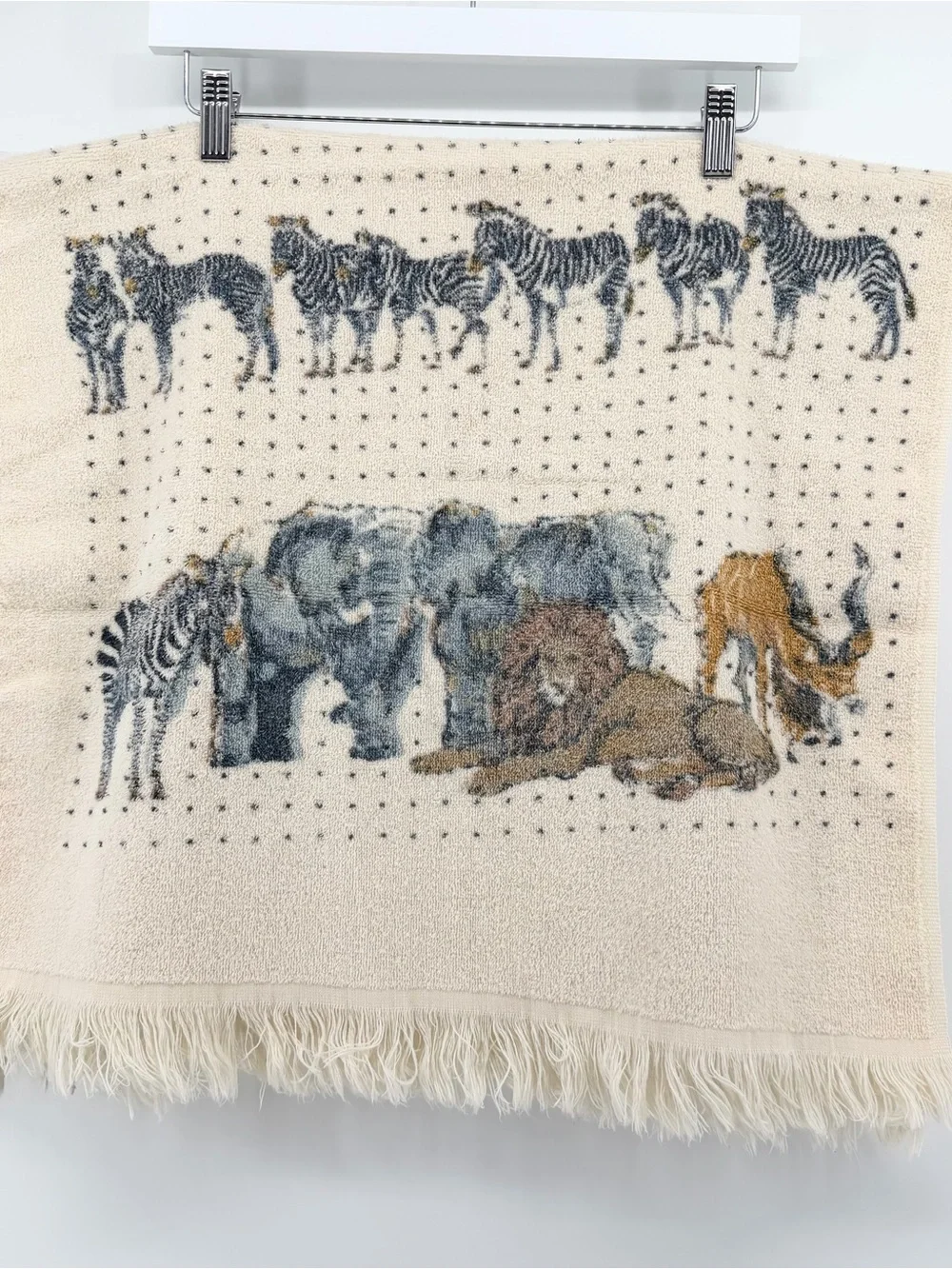 Vtg 70s Lady Pepperell West Point Animal Walk Safari Fringe Towel Off White